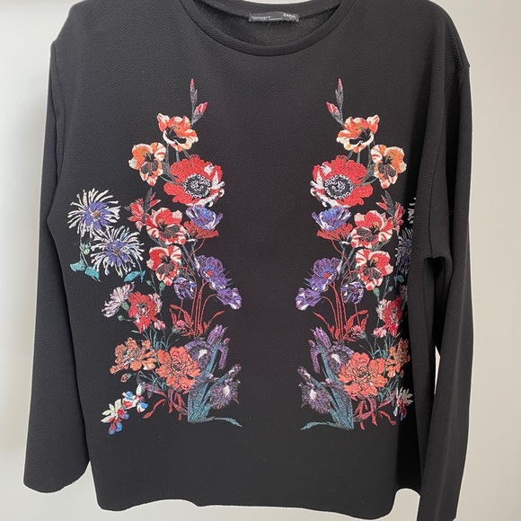 Zara Black Longsleeve Floral Painted Print Medium - Picture 3 of 6